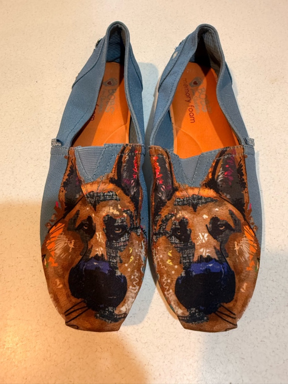BOBS from Skechers Blue Canvas Slip-On Flats with German Shepherd Print